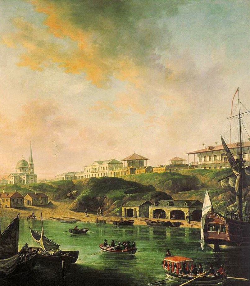 Вид города Николаева. 1799 год. Картина Федора Алексеева.
Слева – Адмиралтейский собор, где крестились многие из Загорянских-Киселей.